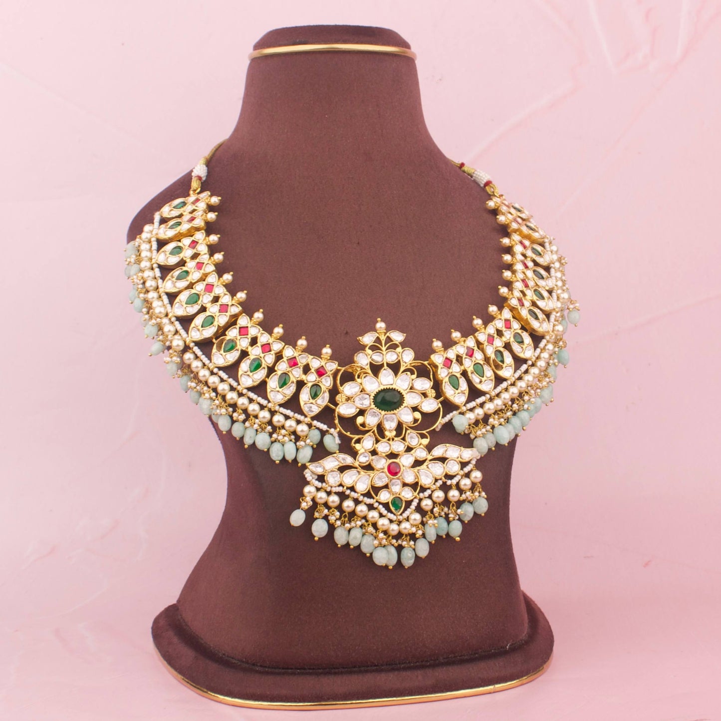 Close-Up Detail View of Grand floral Design Moissanite Polki Necklace with Green Beads | Dulhan Jewels