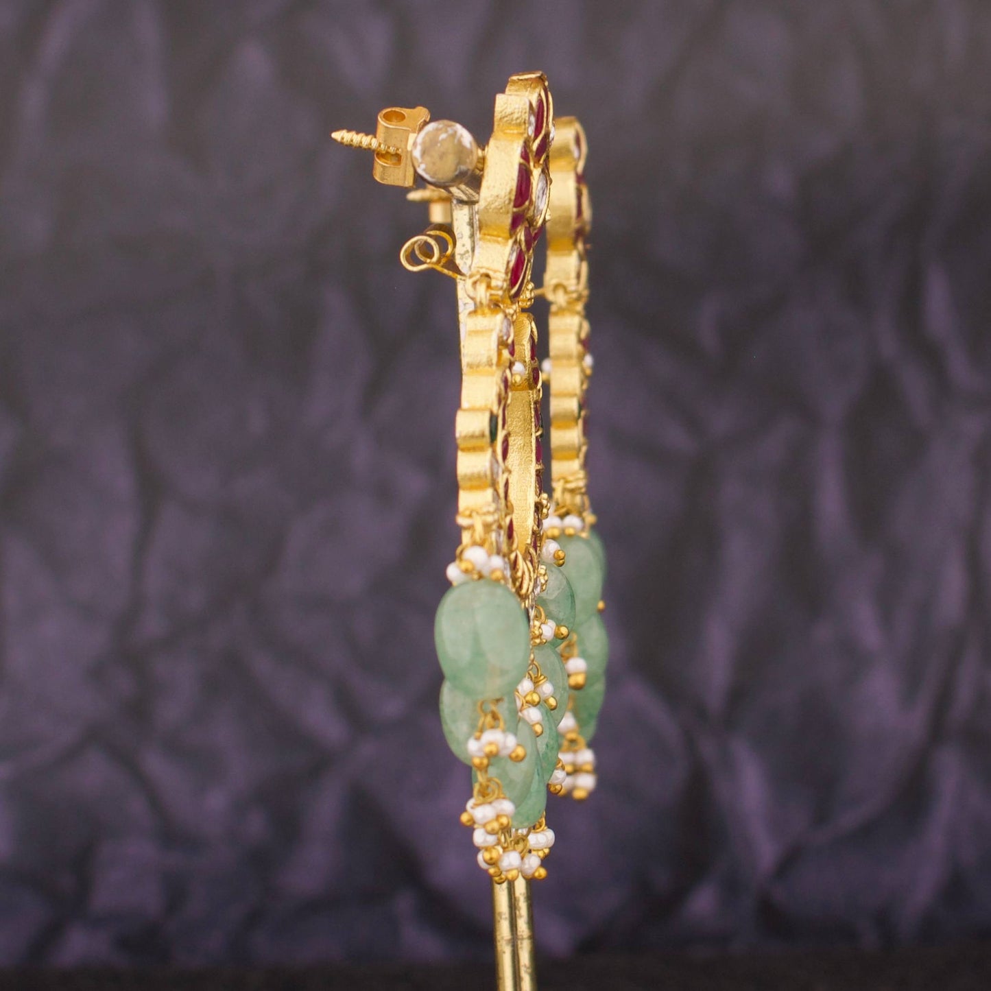 Floral Studded Jadau Kundan Chandbali Earrings With Beads Hangings