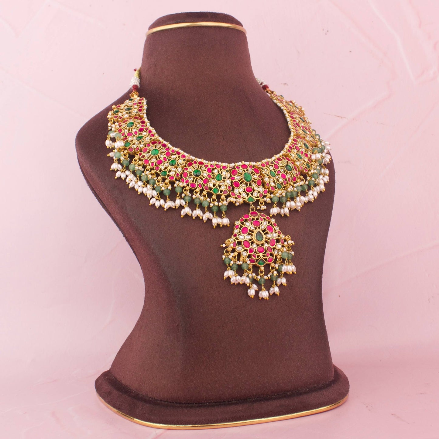 Classic Kundan Necklace With Ruby Accents And Pearl Tassels