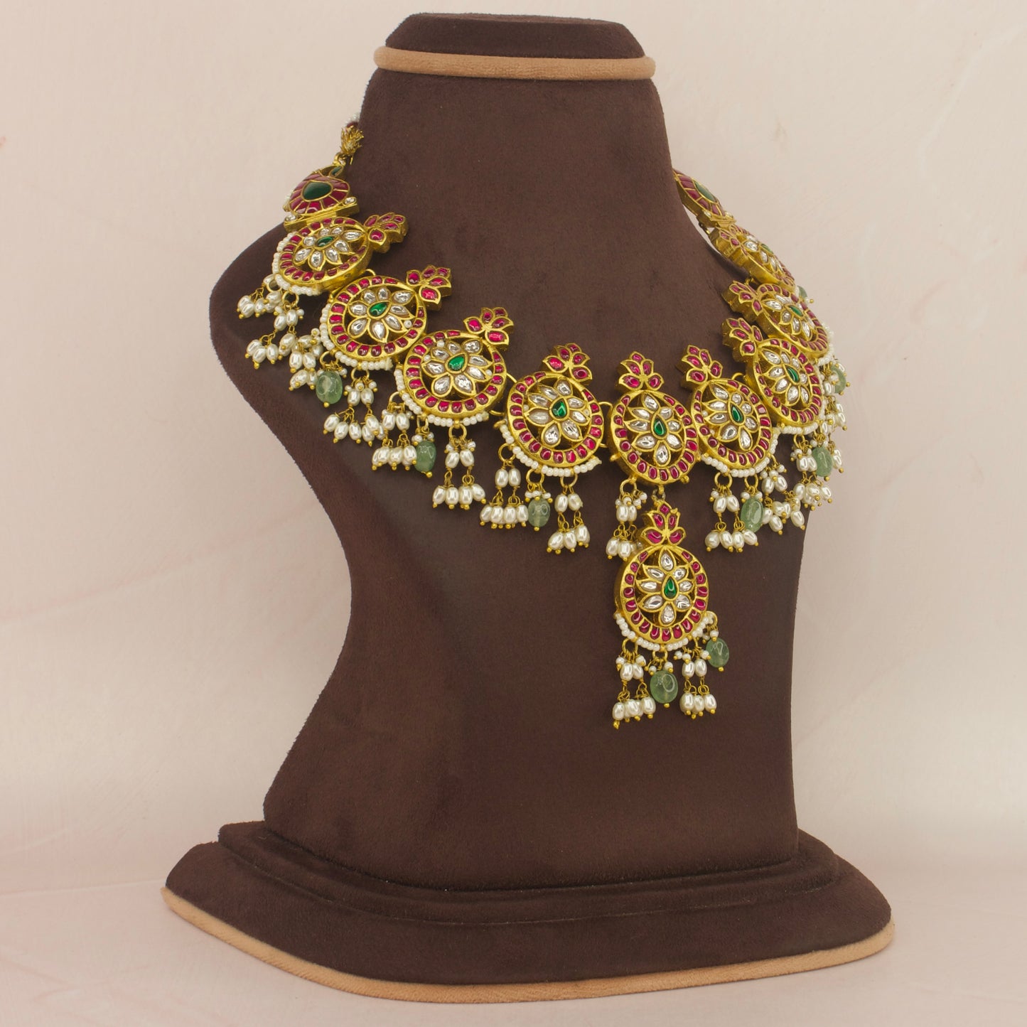 Opulent Jadau Kundan Round Motif Necklace Set with Earrings - DULHAN JEWELS