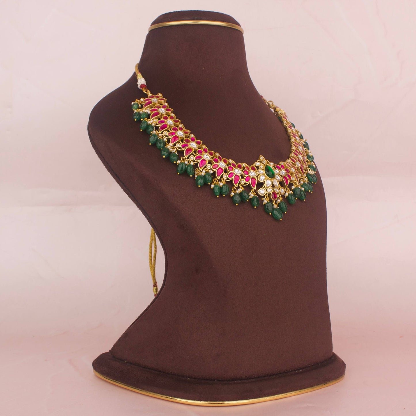 Elite Gold Style Jadau Kundan Necklace With Beads Hanging