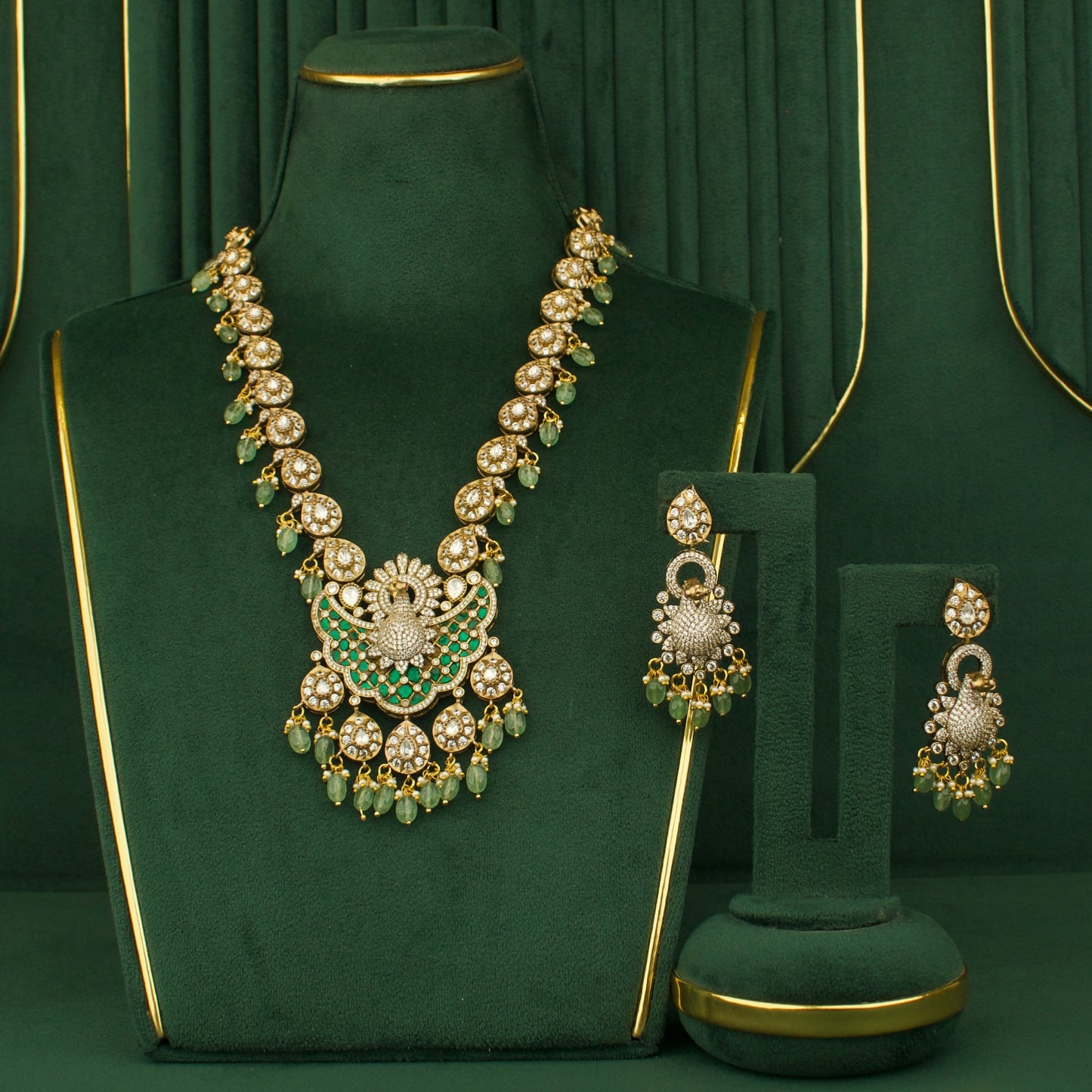 Peacock Design Fusion Kundan & Polki Victorian Necklace Set