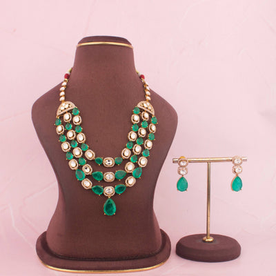 Designer Moissanite Polki Necklace Set With Emerald Stone Highlights