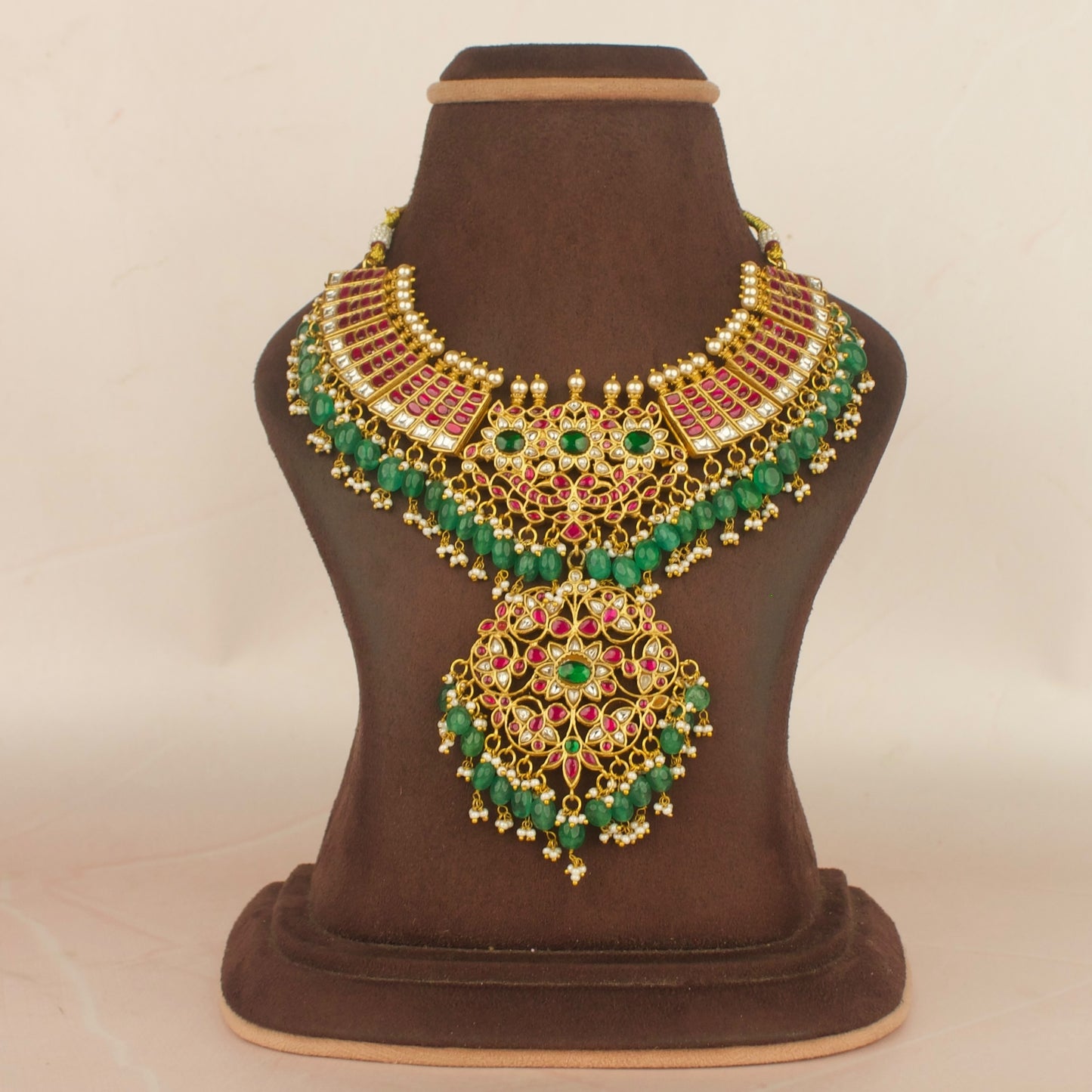 Gold inspired Jadau Kundan Necklace With Bead Hangings