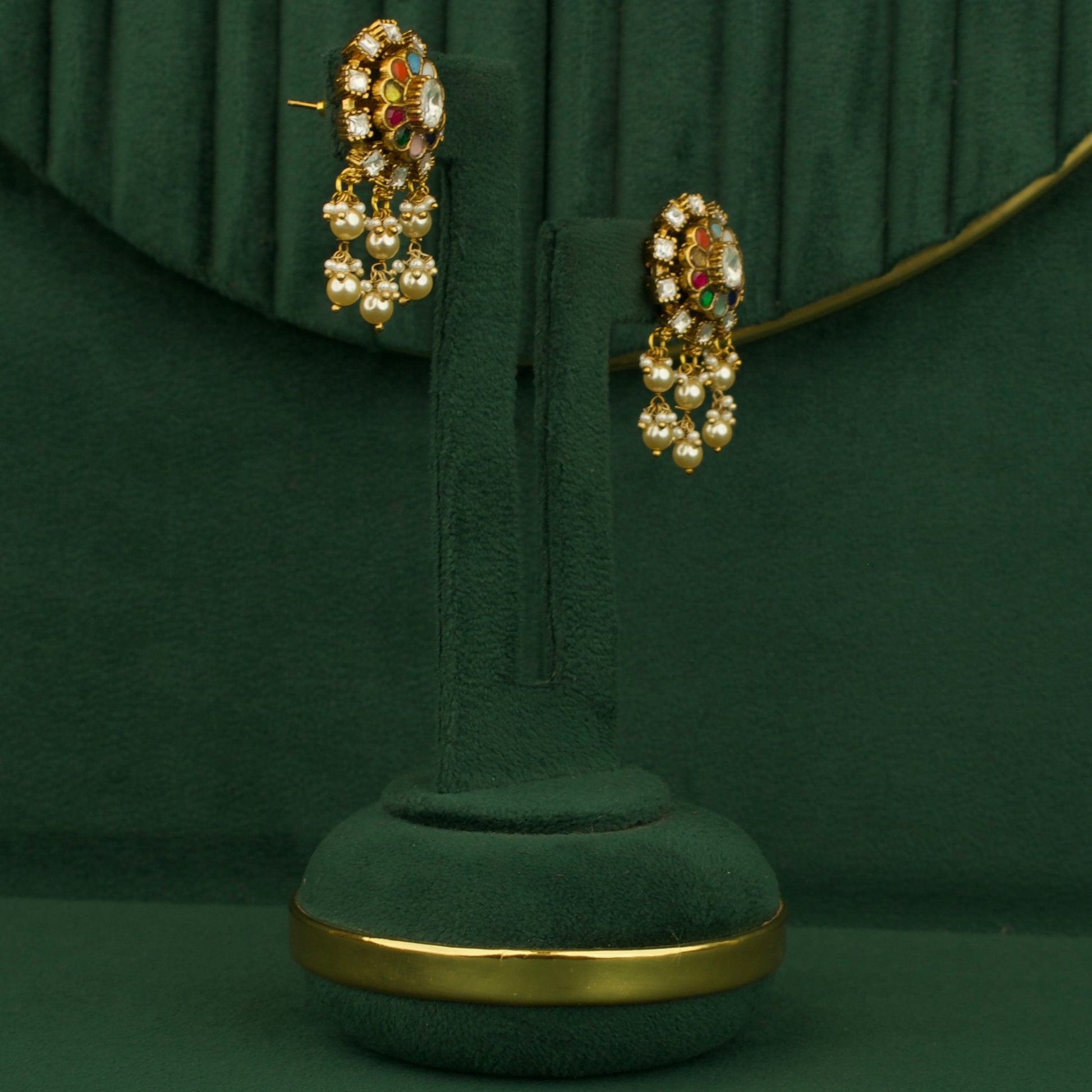 Classic Victorian Kundan & Polki Studs With Pearl & Beads Hanging