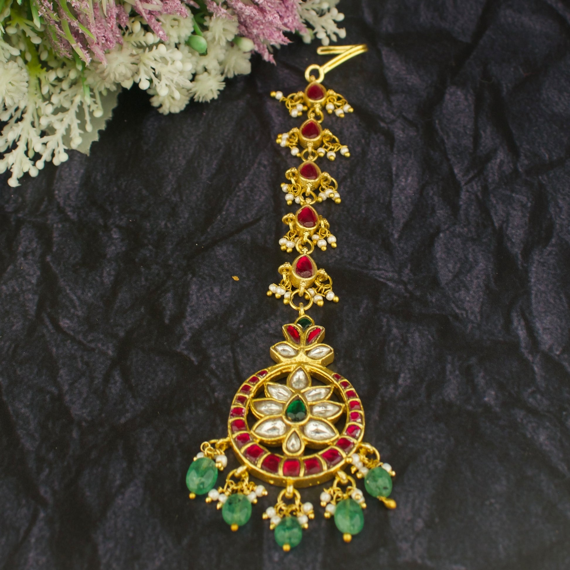 Bridal Chandbali Design Jadau Kundan Long Maang Tikka