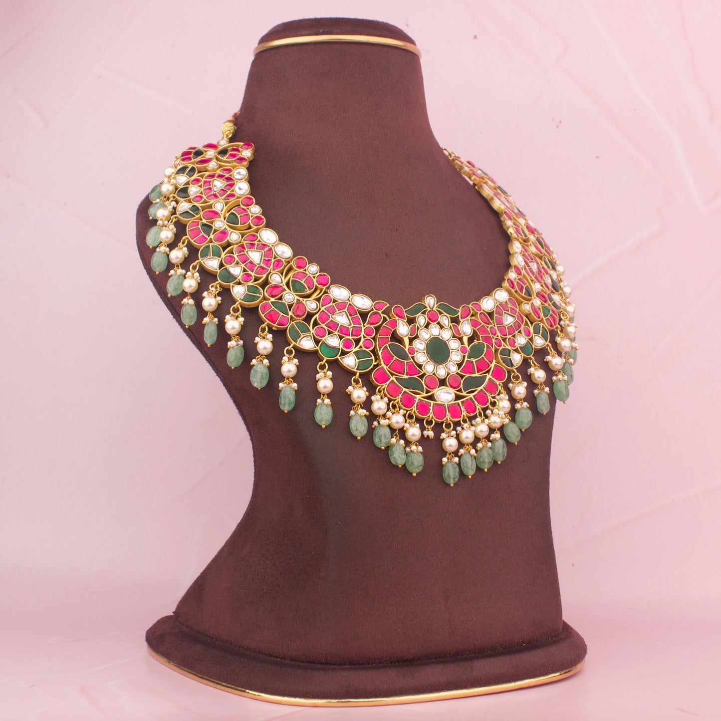 Grand Floral Design Jadau Kundan Necklace with Green Beads