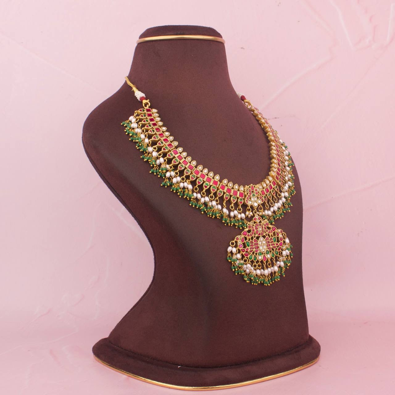 Traditional Jadau Kundan Peacock Locket Necklace With Guttapusalu Hangings