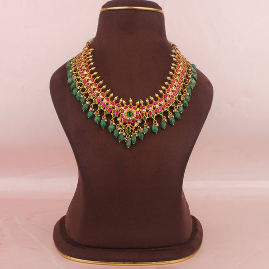 Floral Centre Jadau Kundan Necklace With Strawberry Beads As Hangings