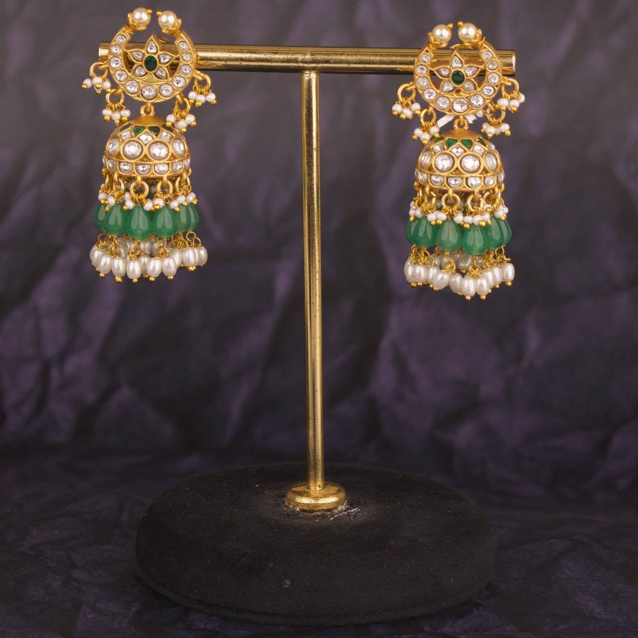 Chand Shaped Jadau Kundan Jhumki With Guttapusalu Hangings
