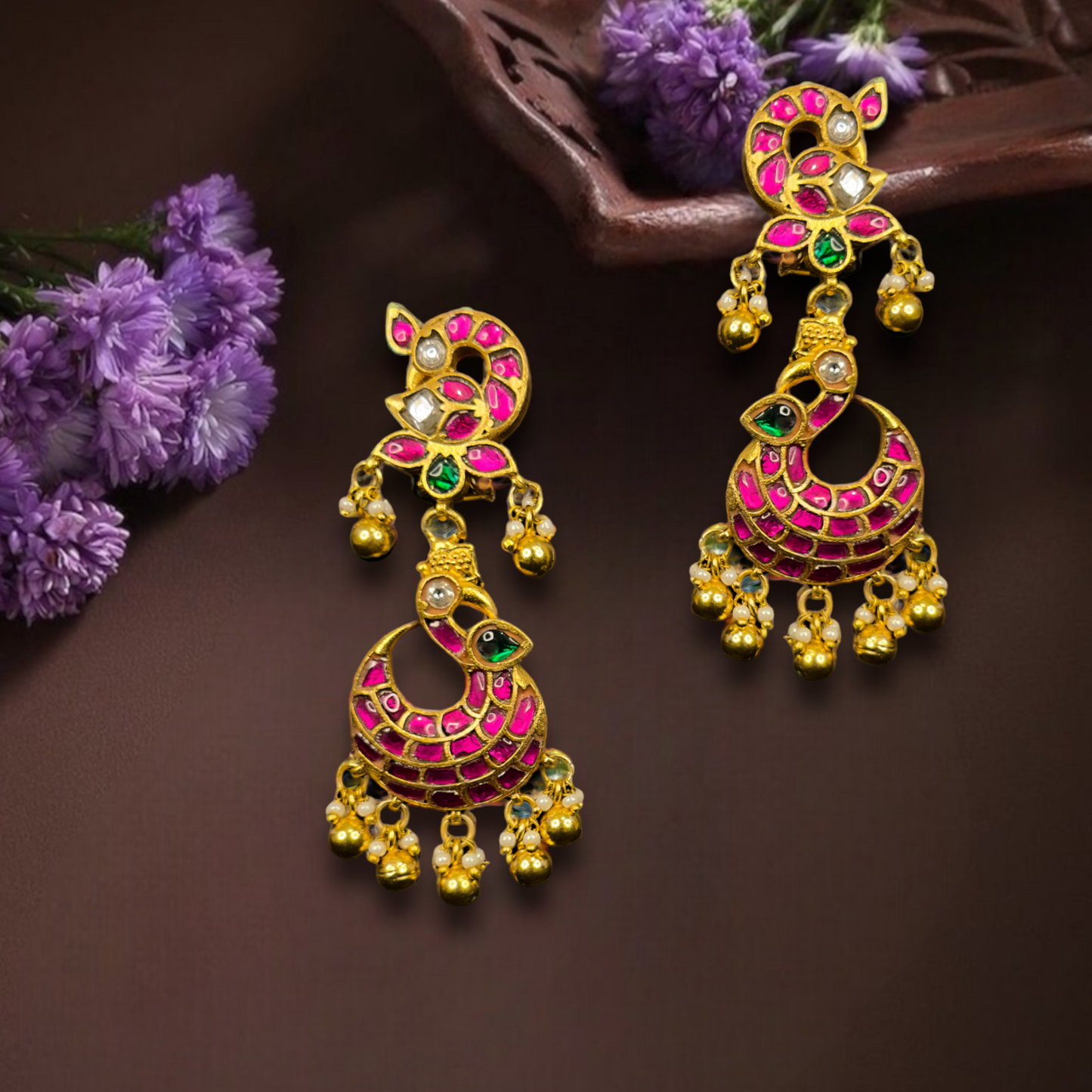 Peacock Elegance Jadau Kundan Chandbali Earrings - DULHAN JEWELS