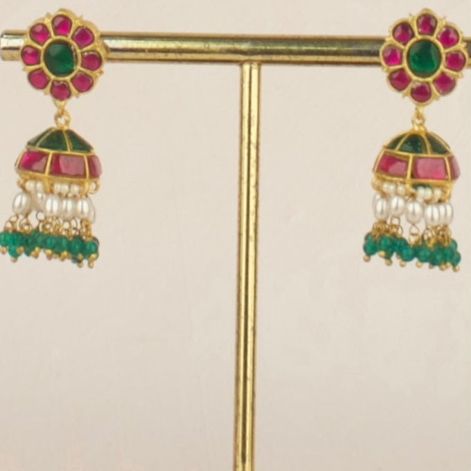 Unique floral design Jadau Kundan Jhumki with Ricepearl and Green Bead as Hanging