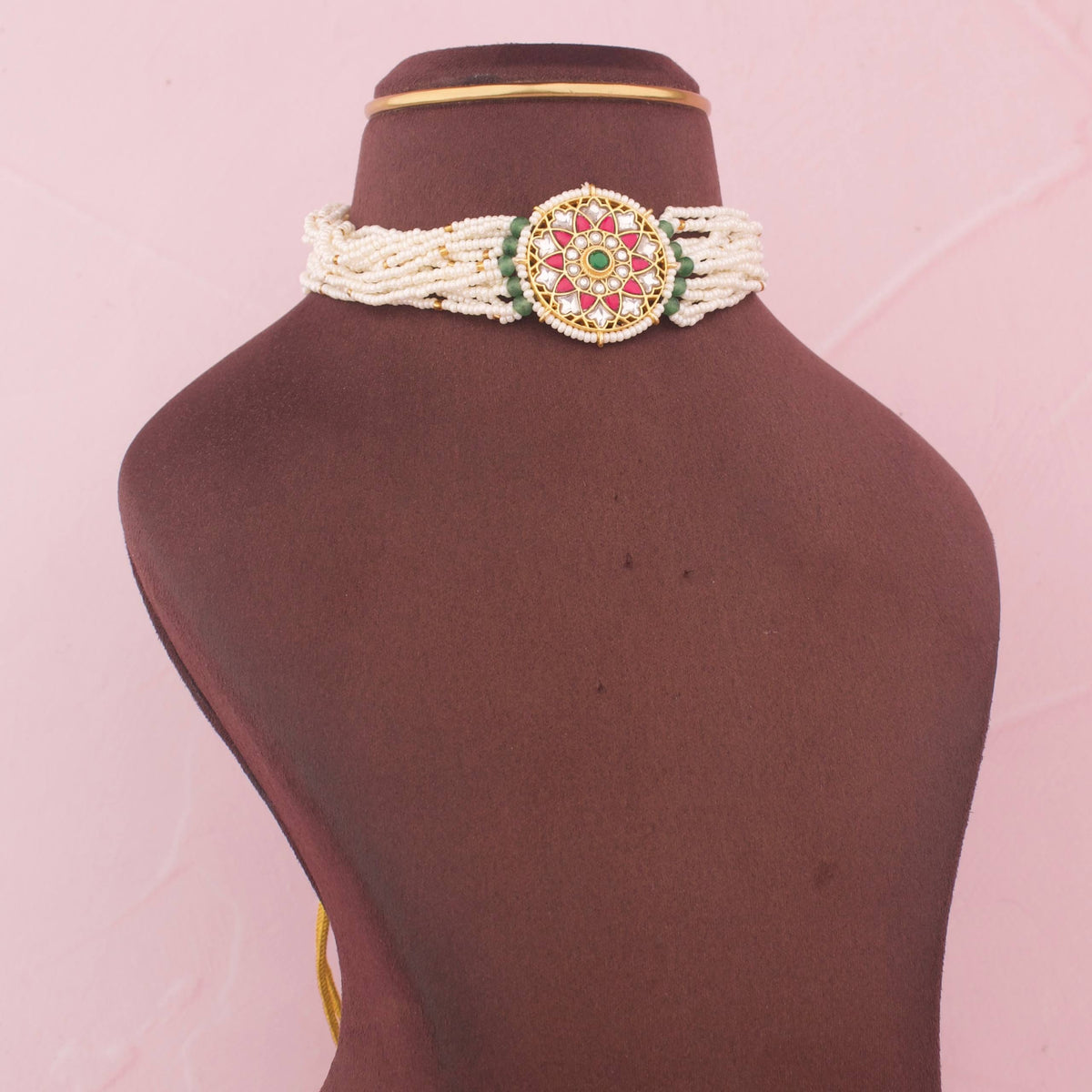 Classic White Beaded Choker With Floral Design Craftsmanship & Detail View - Dulhan Jewels