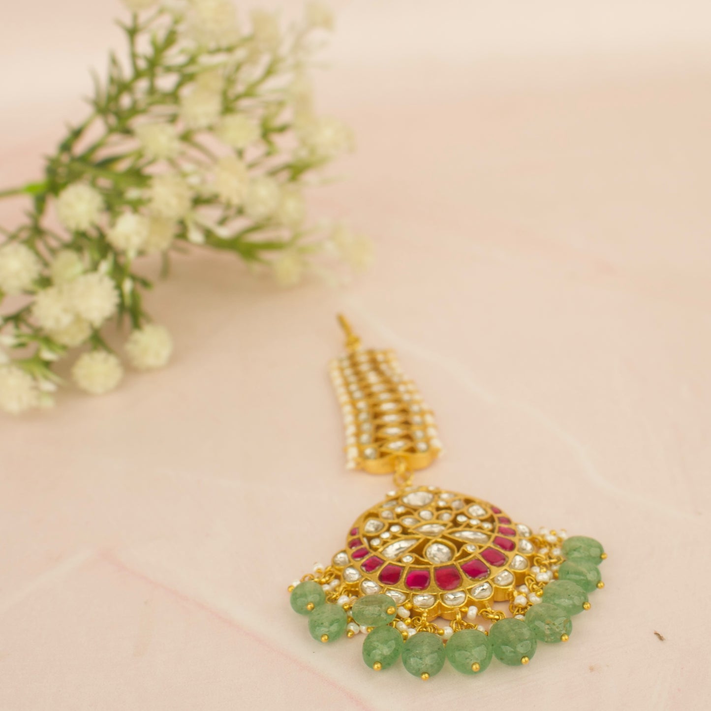 Chand Bali Design Jadau Kundan Bridal Long Maang Tikka with Green Beads