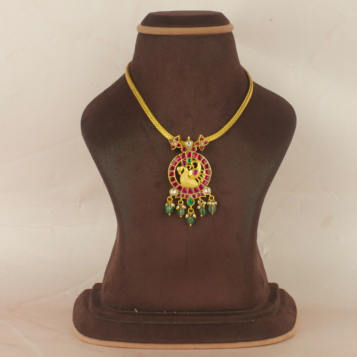 Sleek Gold Style Chain Jadau Kundan Nan-tad with Green Beads