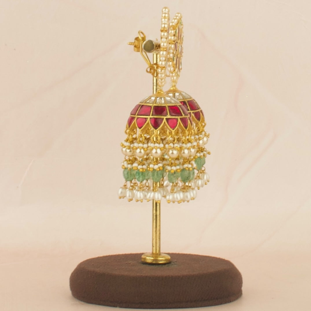 Grand Floral Design Studded Jadau Kundan Jhumki with Beads Hanging