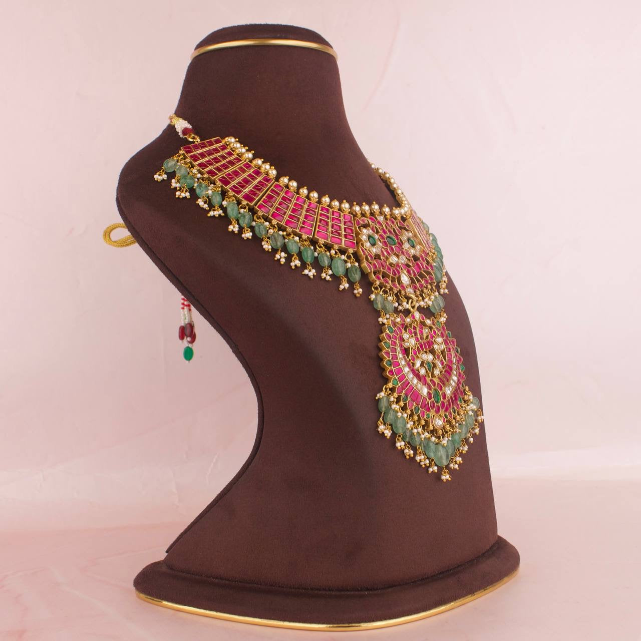 Bridal Gold Inspired Jadau Kundan Necklace With Beads Hangings