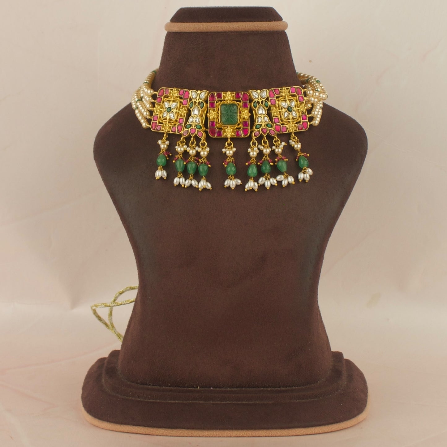 Unique Jadau Kundan Beads Choker with Green Beads