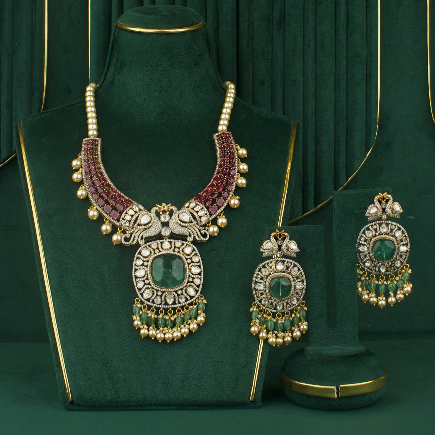 Grand Fusion Kundan & Polki Victorian Mehandi Necklace With Matching Earrings