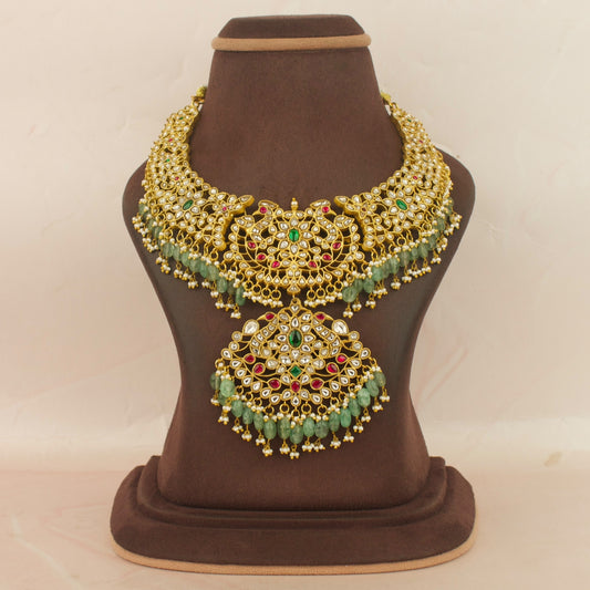 Opulent Gold Inspired Jadau Kundan Short Necklace With Beads Hangings