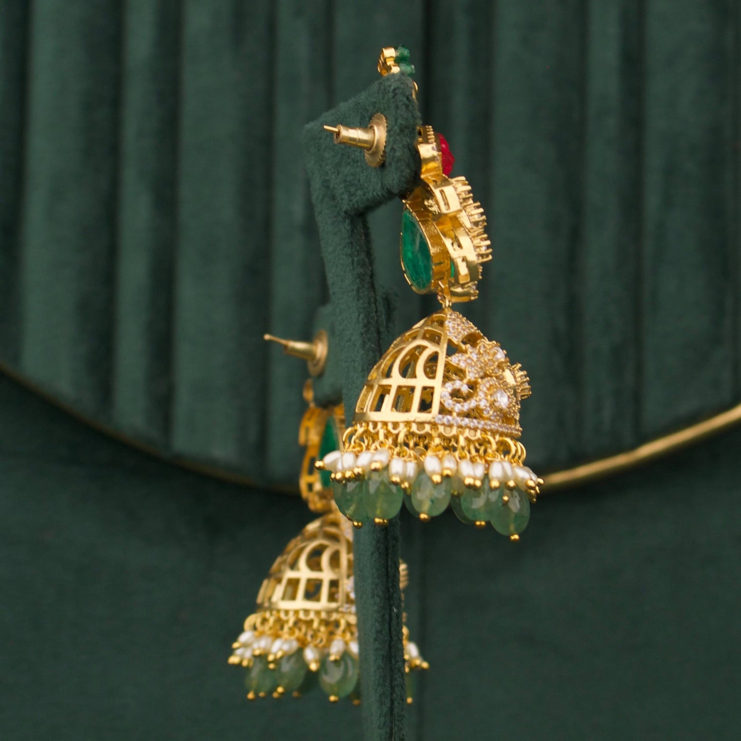 Lavish Peacock Victorian Jhumki Earrings With Emerald Beads