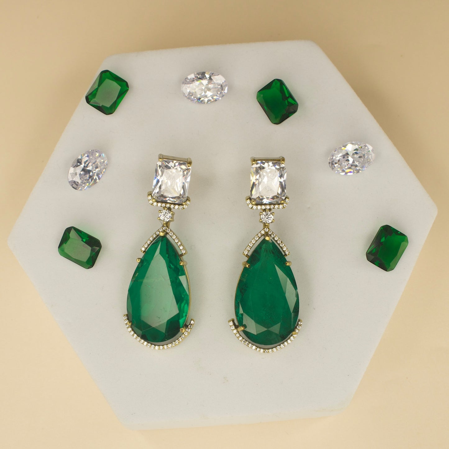 Fancy yet classic stone hanging earrings with victorian finish available in red, green, purple & mint