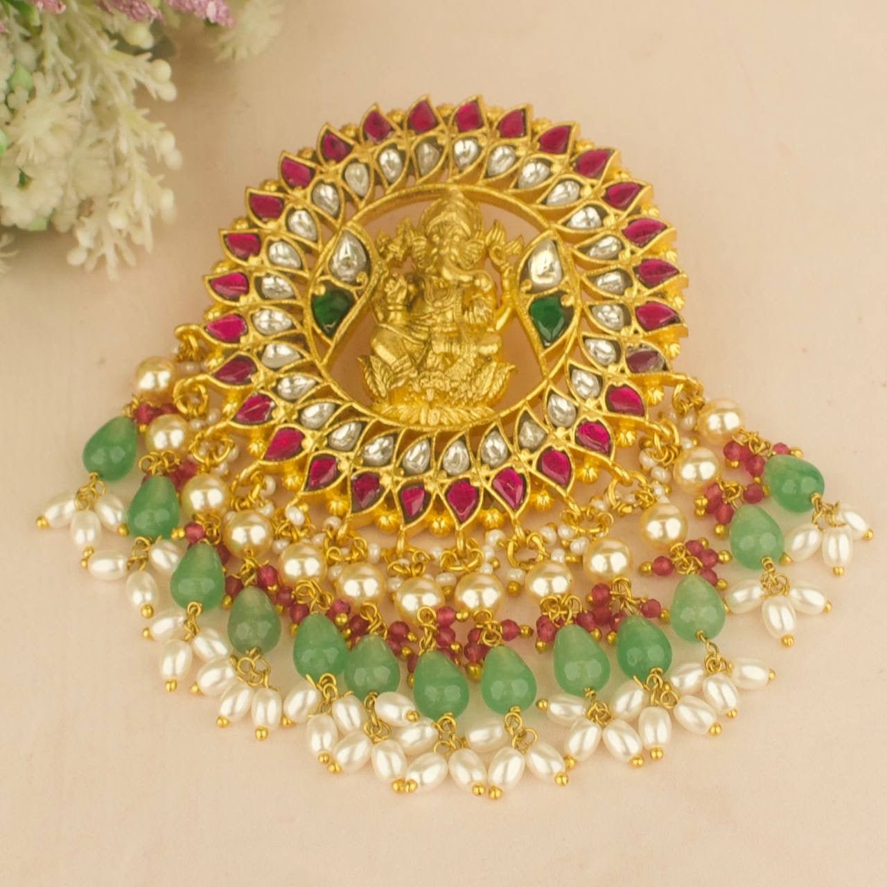 Ganesh Design Jadau Kundan Locket in Gold Style with Beads
