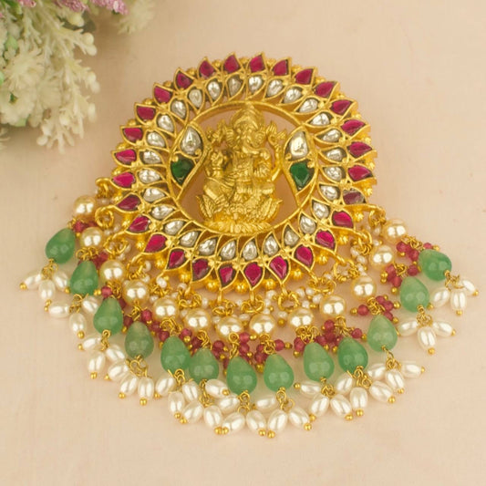 Ganesh Design Jadau Kundan Locket in Gold Style with Beads