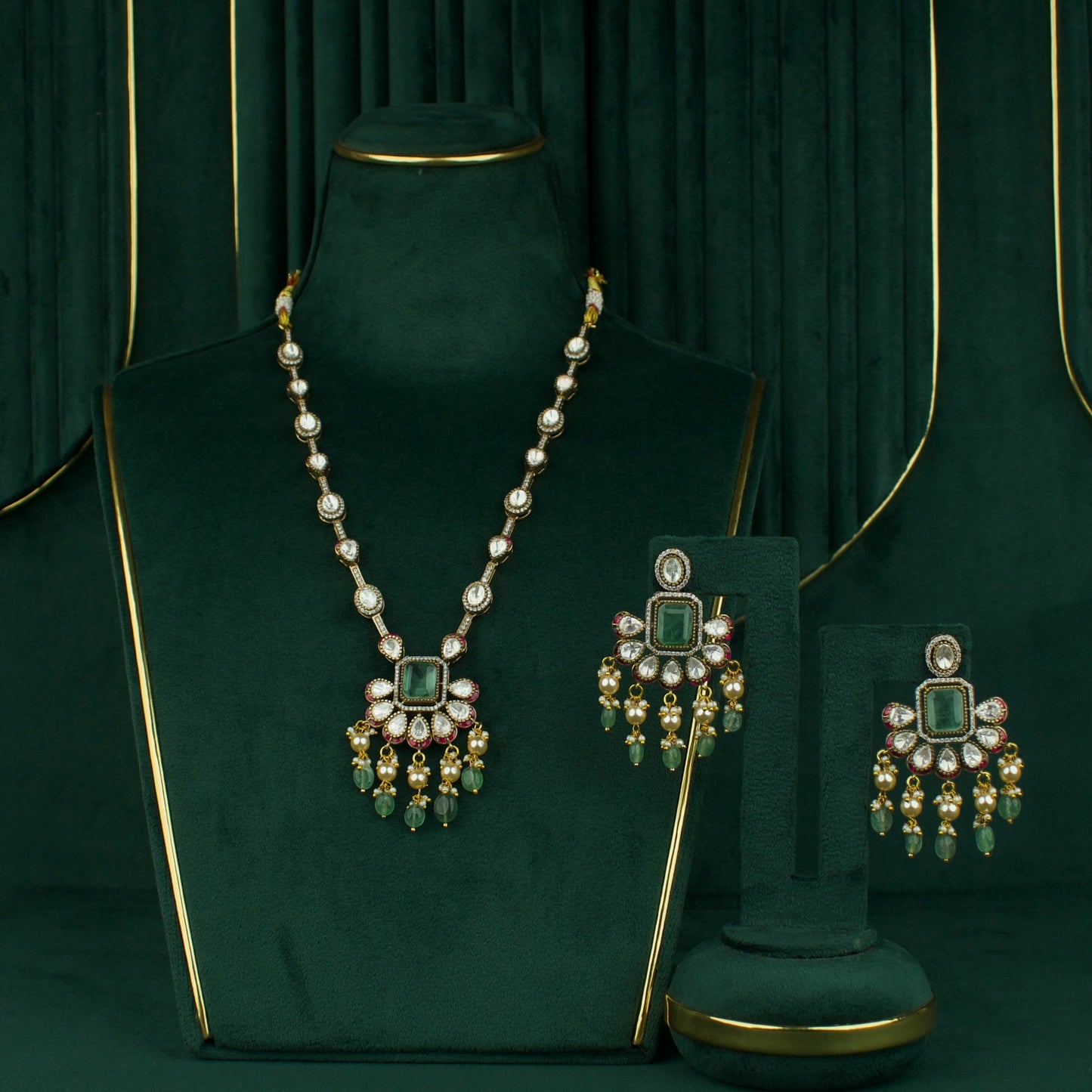 Sleek Polki Necklace With Earrings In Victorian Finish