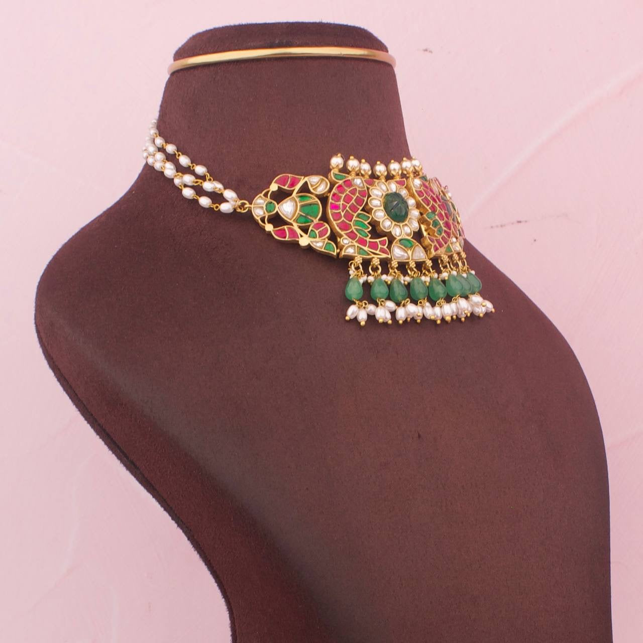 Multi Coloured Jadau Kundan Choker With Pearls Hanging At Top