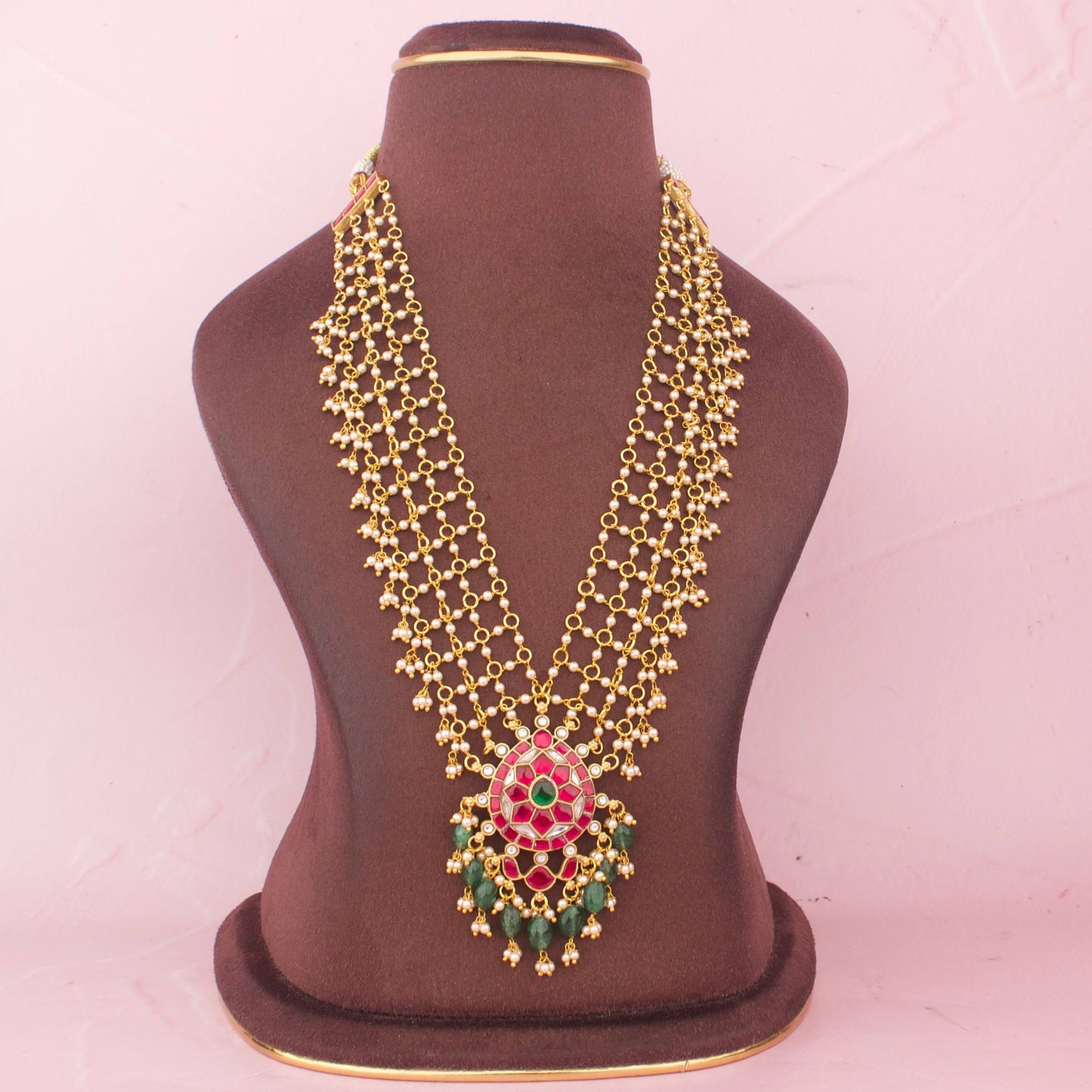 Designer Jadau Kundan Necklace With Emerald Beads