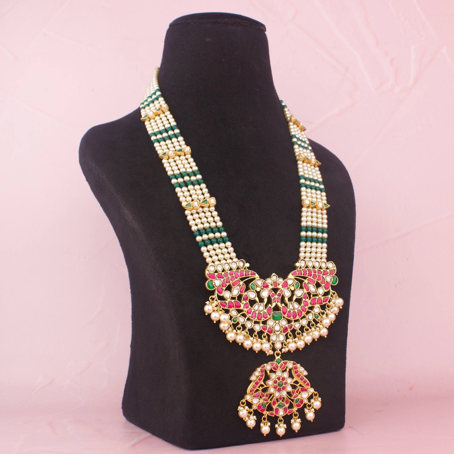 Graceful Multi Layer Pearl Mala With Peacock Pendant