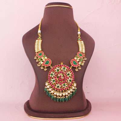 Regal Jadau Kundan Necklace With Floral Pendant And Emerald Drops
