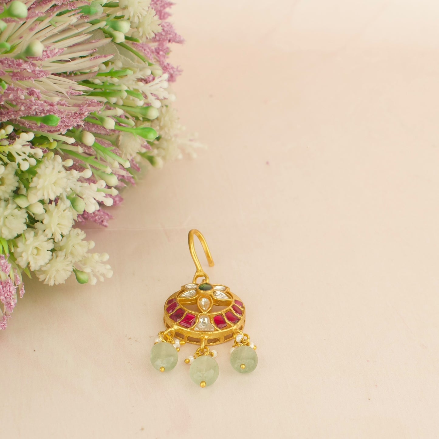 Chand flower Design Jadau Kundan Maangtikka With Green Beads