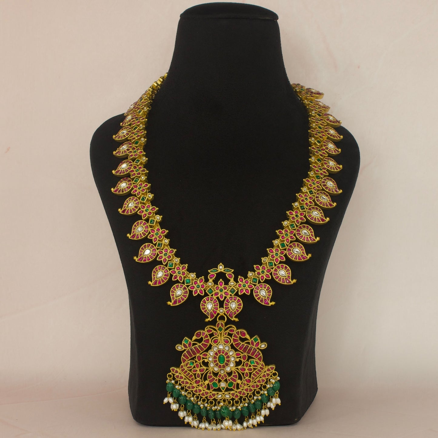 Heavy Gold Plated Jadau Kundan Mango Haram for Bridal Wear this piece is covered with mango motifs and floral motifs.