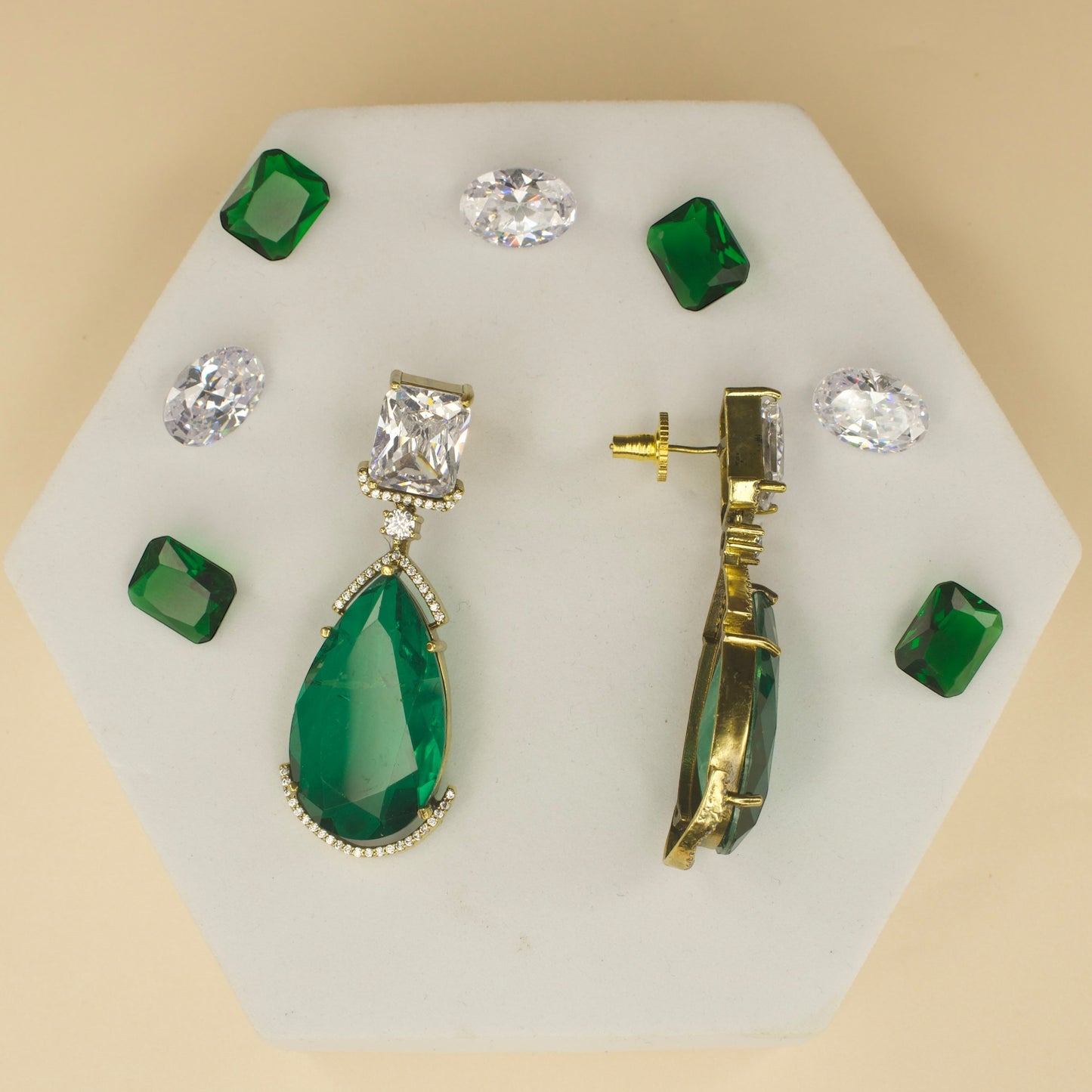 Fancy yet classic stone hanging earrings with victorian finish available in red, green, purple & mint