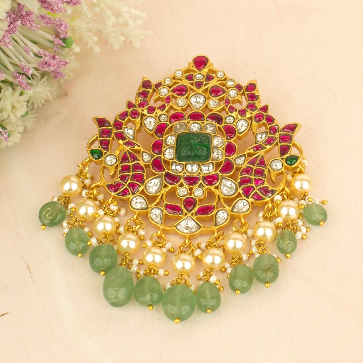 Dazzling Jadau Kundan Locket With Swarovski Pearl & Pumpkin Beads Hanging