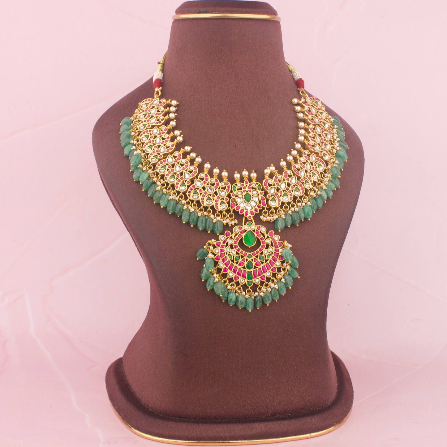 Bridal Jadau Kundan Necklace With Green Hangings