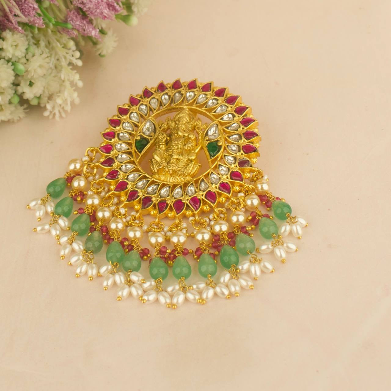 Ganesh Design Jadau Kundan Locket in Gold Style with Beads