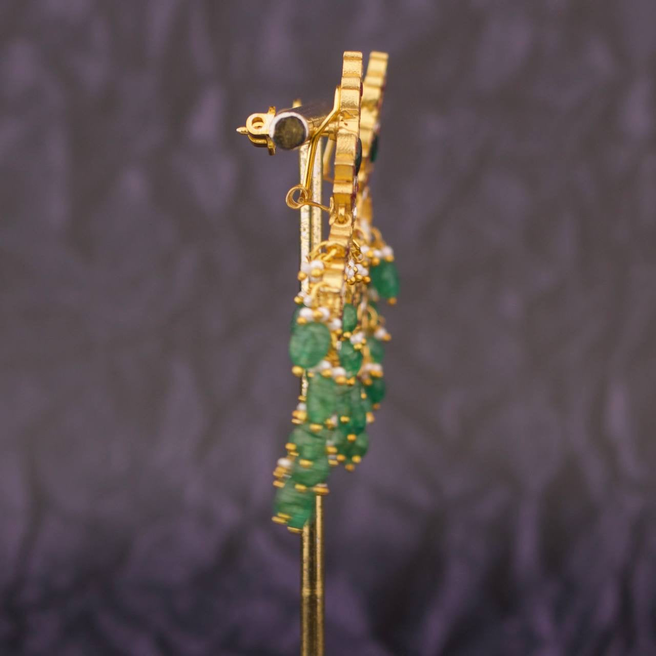 Exquisite Multicolour Studded Jadau Kundan Chandbali Earrings With Green Hangings