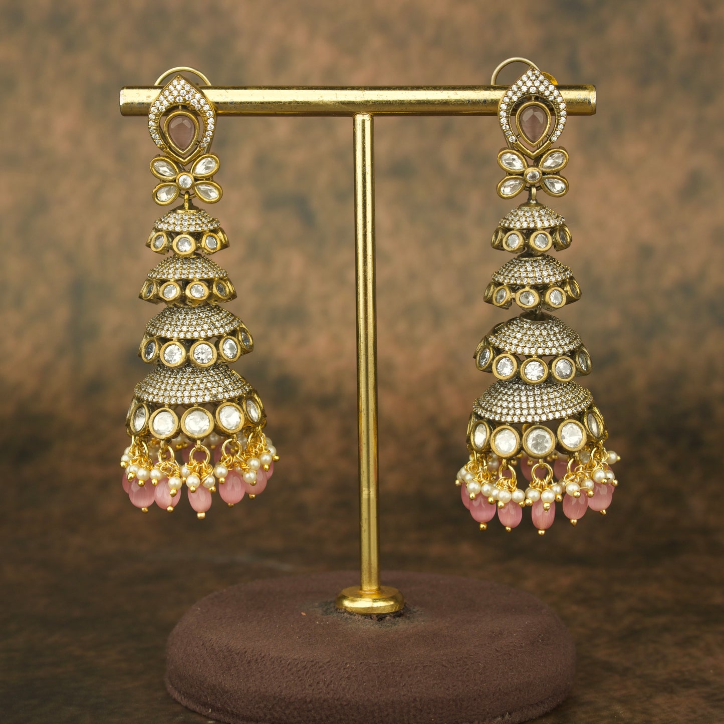 Victorian Multi-Layer Jhumka Earrings with AD stones - DULHAN JEWELS