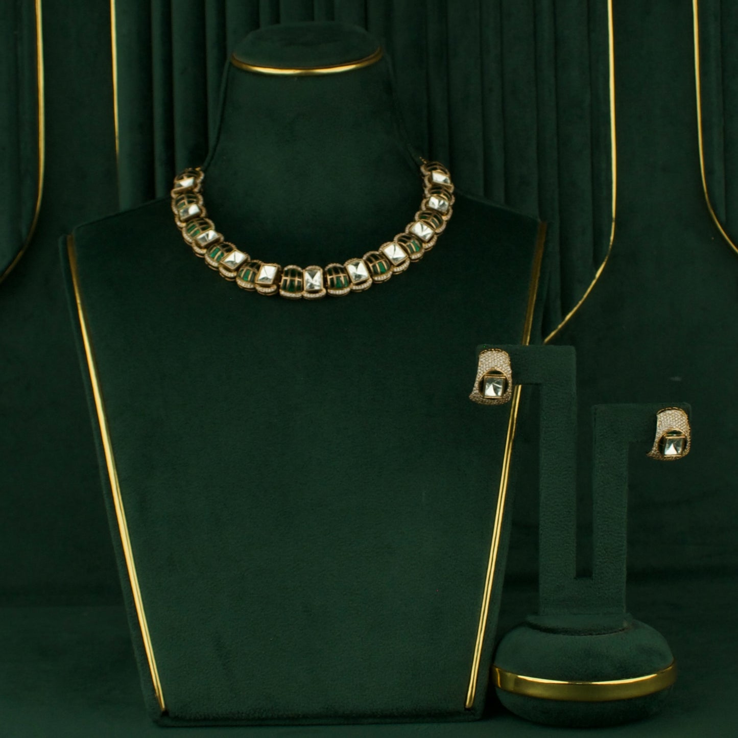 Sleek Square shape Polki Victorian Short Necklace with Matching Earrings