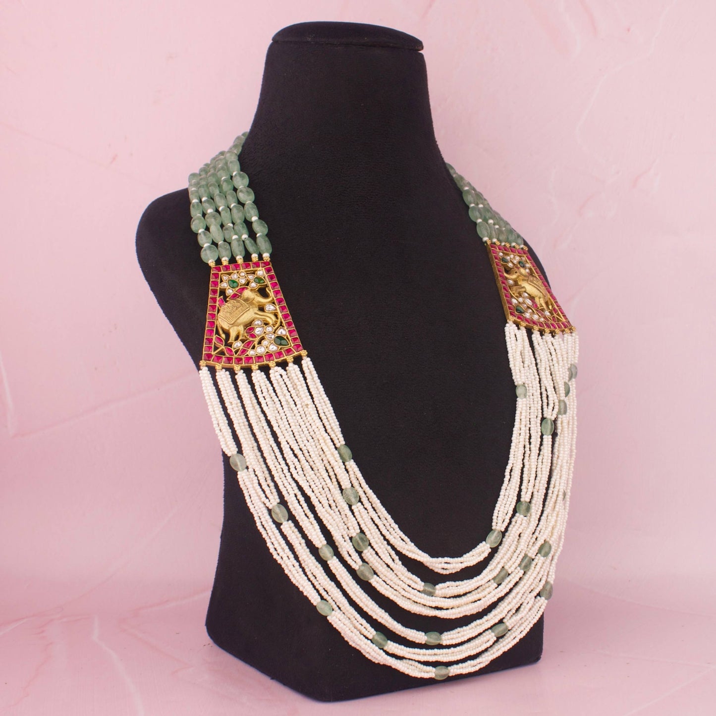 Regal Jadau Kundan Side Locket With Pearls & Beads Mala