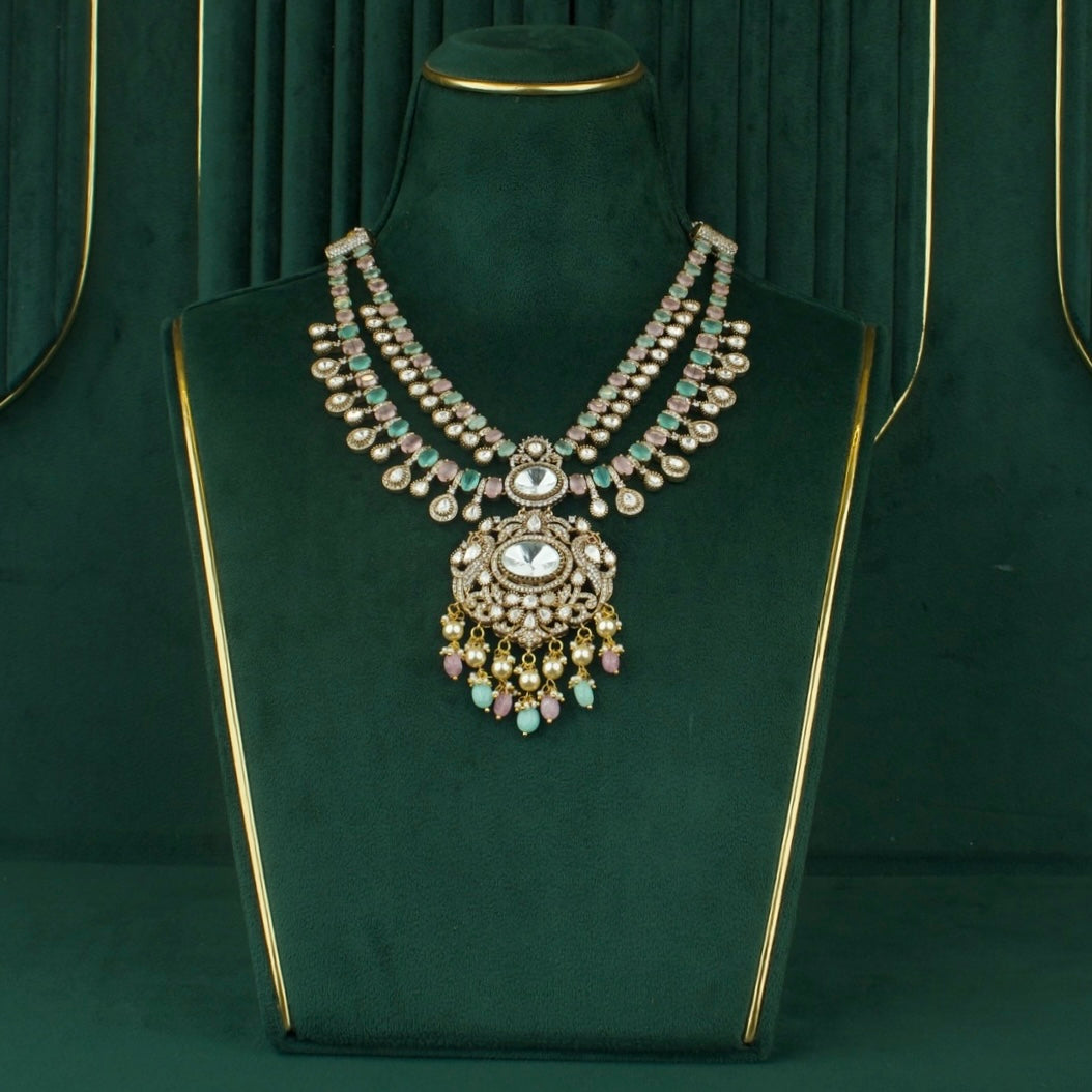 Dazzling Peacock Design Polki Mehandi Victorian Short Necklace