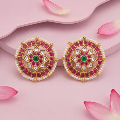 Floral Design Jadau Kundan Stud Earrings With Pearl Bordering