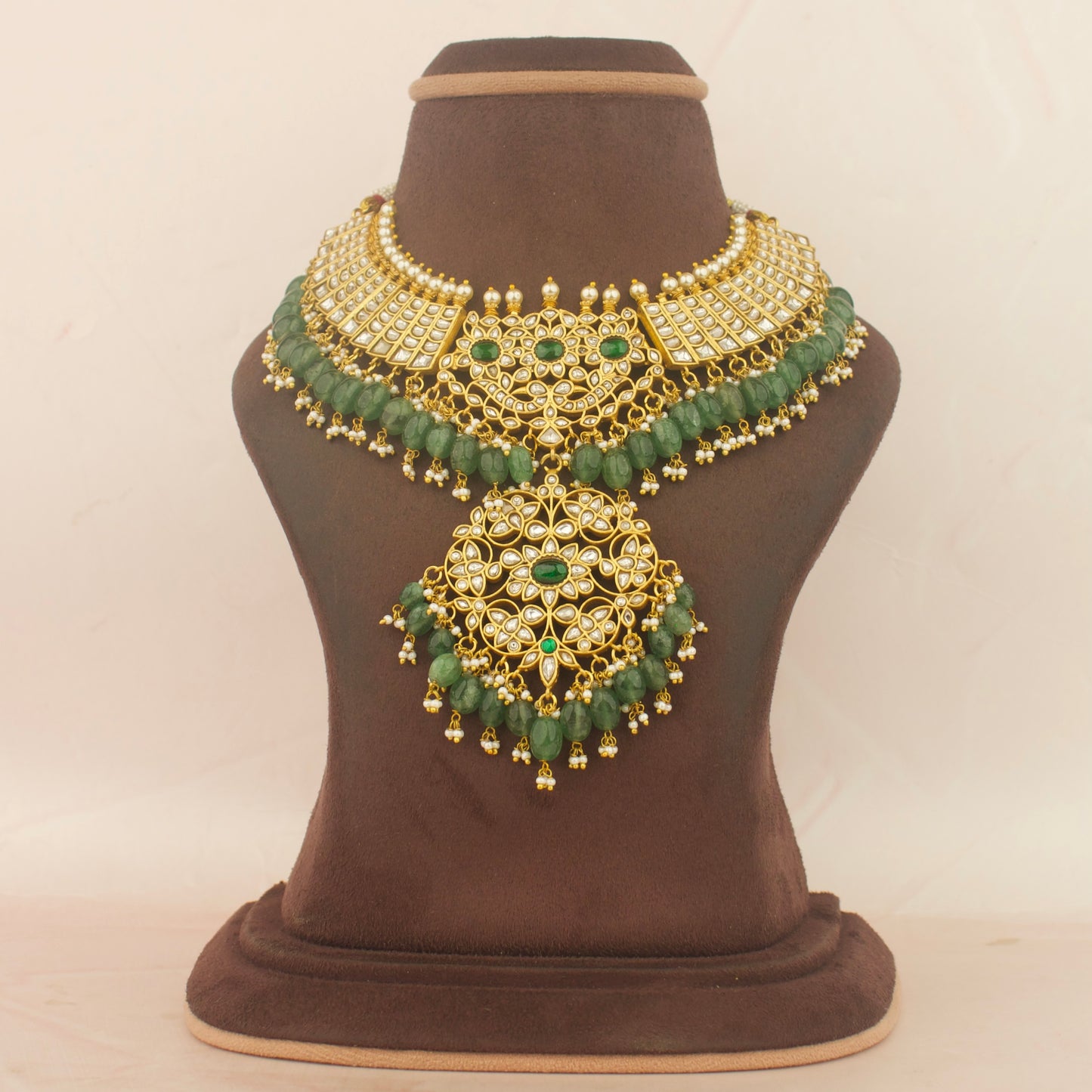 Gold inspired Jadau Kundan Necklace With Bead Hangings