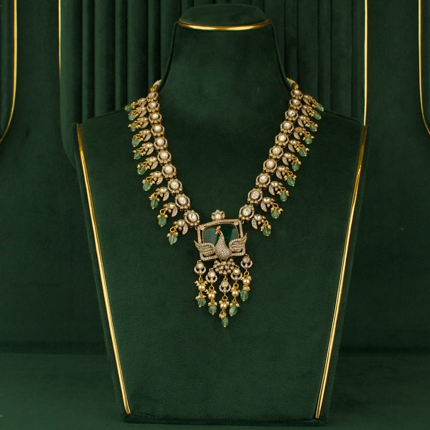 Grand intricate Design Fusion Kundan & Polki Victorian Necklace with Matching Earrings
