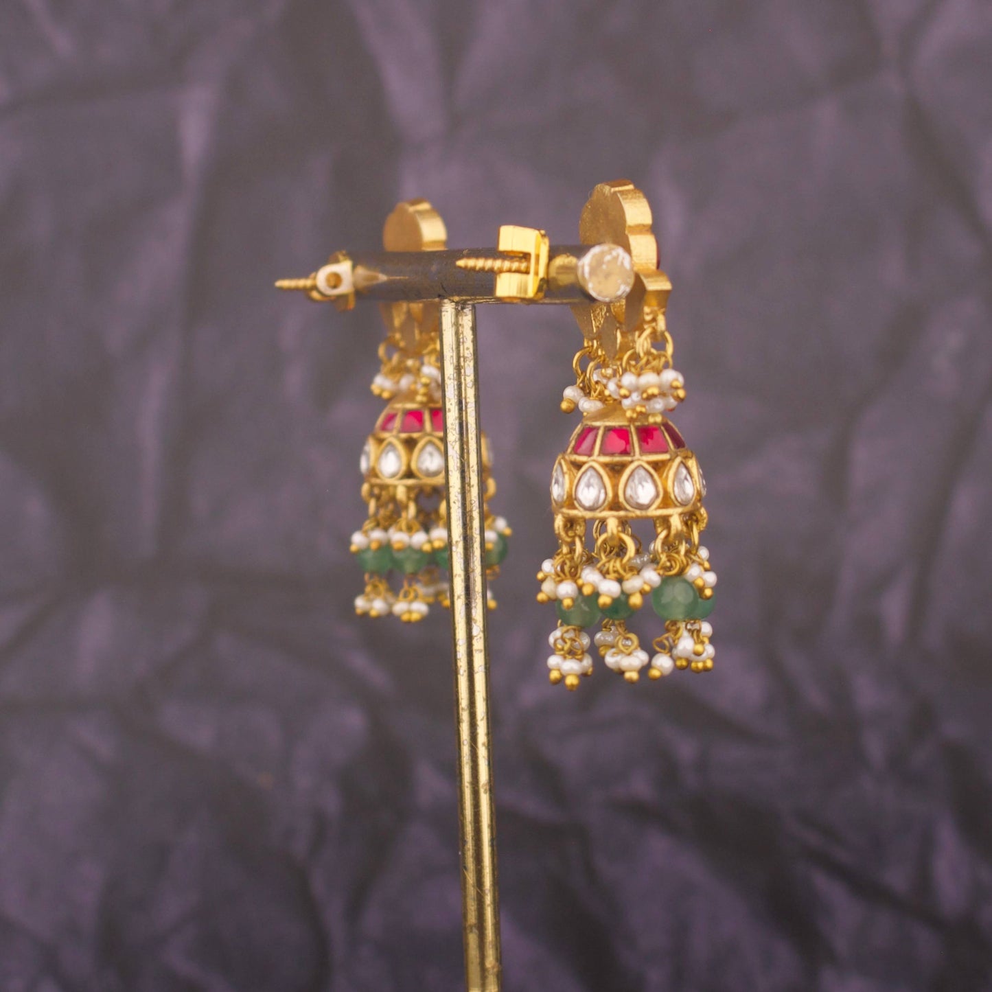 Ethnic Jadau Kundan Jhumki Earrings With Green Hangings