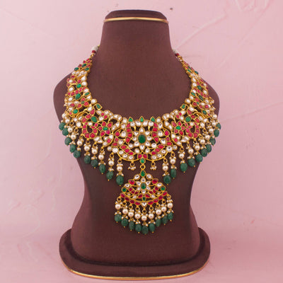 Traditional Jadau Kundan Necklace With Green Bead Hangings