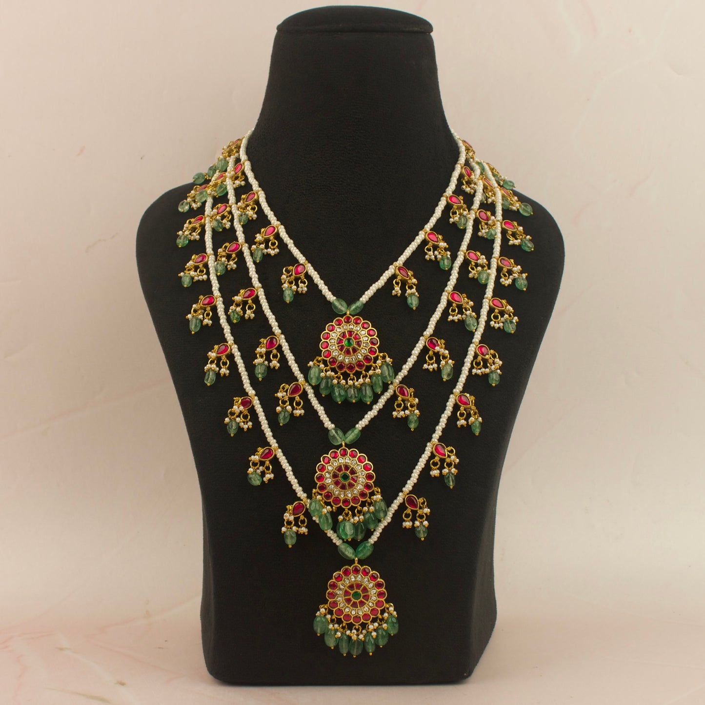 Bridal Jadau Kundan 3 Lada With Pearl And Bead Hangings